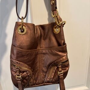 B. Makowsky Bronze Crossbody Bag with Gold Accents